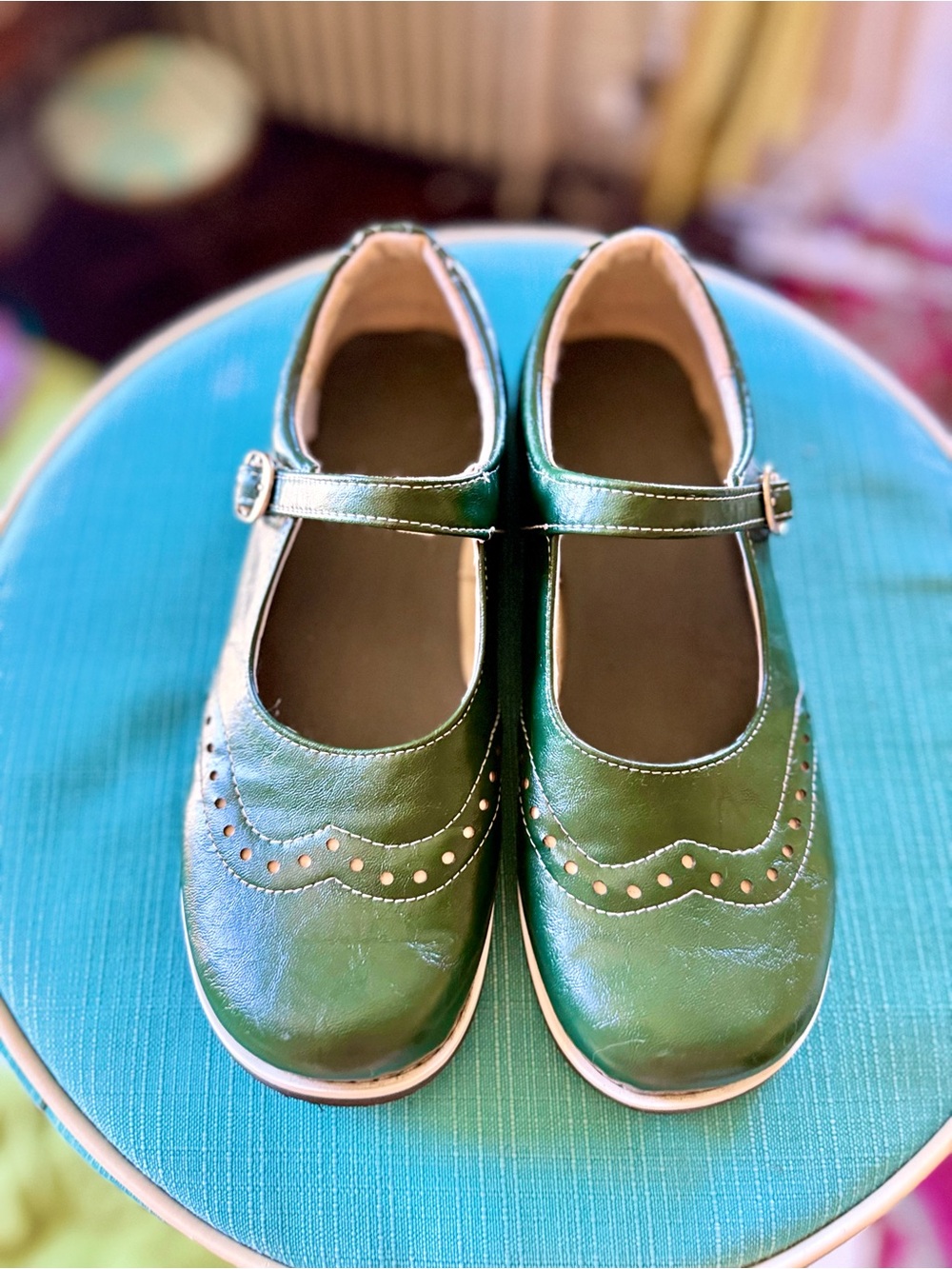 Women’s Green Mary Jane Flats with Decorative Brogue Details - Picture 4 of 6